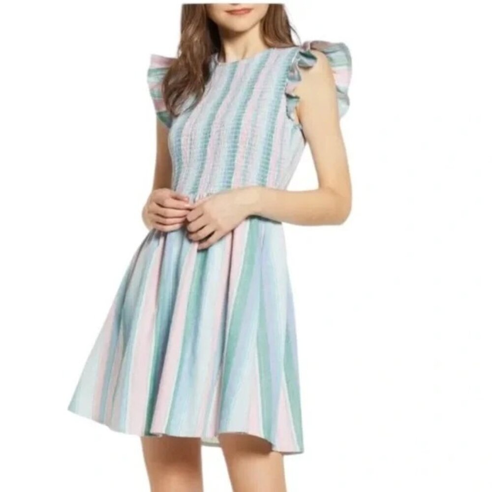 English Factory Colorful Striped Smocked Flutter Sleeve Mini Dress M